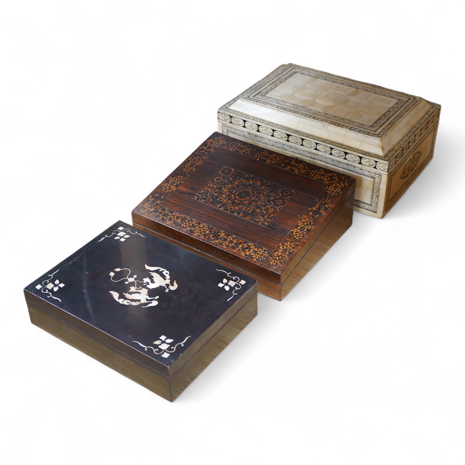 A Tunbridge ware half square mosaic banded writing slope, c.1830, a lacquer and mother of pearl inlaid box and an Indian bone veneered box, largest 34cm wide